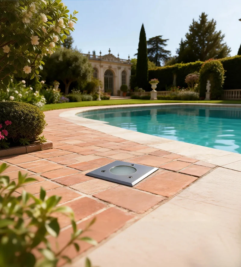 Spot encastrable pour abords de piscine à ampoule interchangeable GU5.3 - 12 Volt - Ø 10 cm Carré