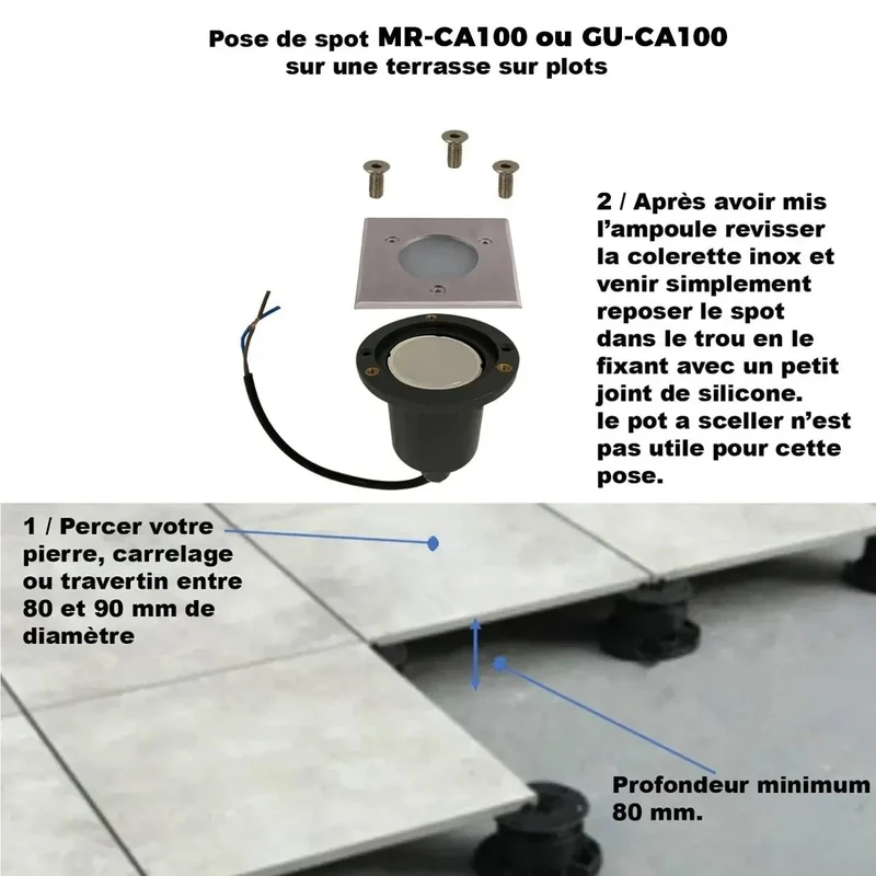 Spot encastrable pour abords de piscine à ampoule interchangeable GU5.3 - 12 Volt - Ø 10 cm Carré