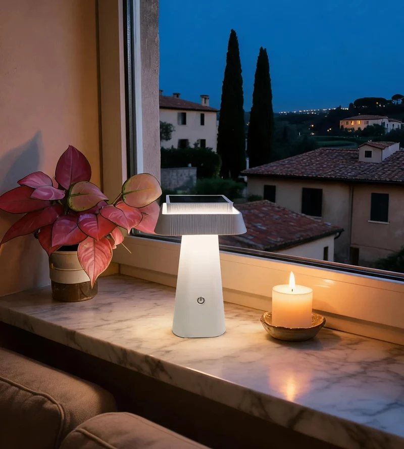 Lampe de table solaire LED RITA blanche - 3 modes d'éclairage 70 à 370 lumens - Tactile - Prise USB