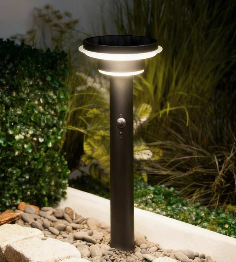 Borne solaire extérieure LED GENOVA noire 45 cm avec détecteur - 3 modes d'éclairage 100 à 1000 lumens