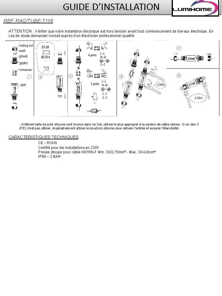 Connecteur Etanche RAC/TUBE-116 - IP68 - 5 fils - Pour câble souple