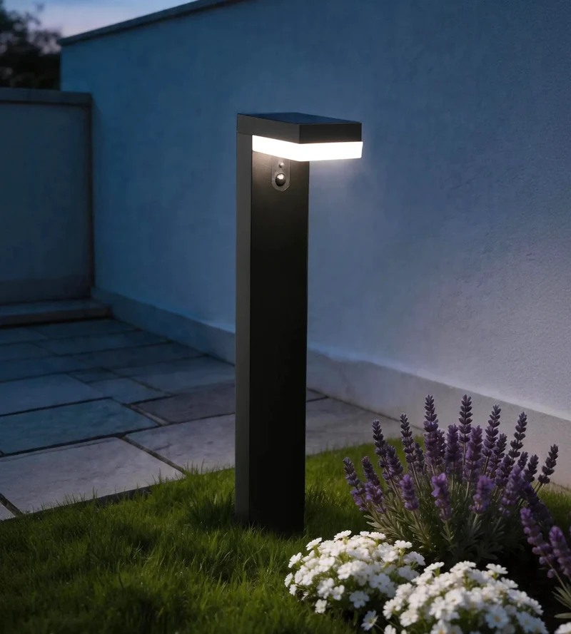 Borne solaire extérieure LED VENUS noire 70 cm avec détecteur - 3 modes d'éclairage 100 à 1000 lumens