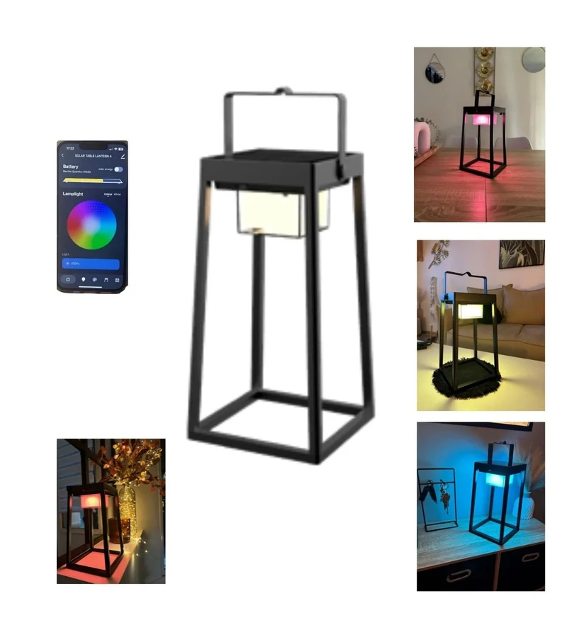Lanterne solaire LED EVADE noire - RGB+CCT - Pilotable avec smartphone - Intérieur & Extérieur