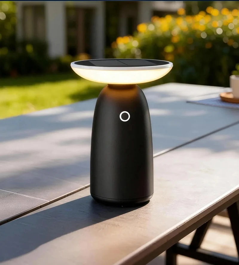 Lampe de table solaire LED HALO noire - 2 modes d'éclairage 100 à 1000 lumens - 4000K - Prise USB-C
