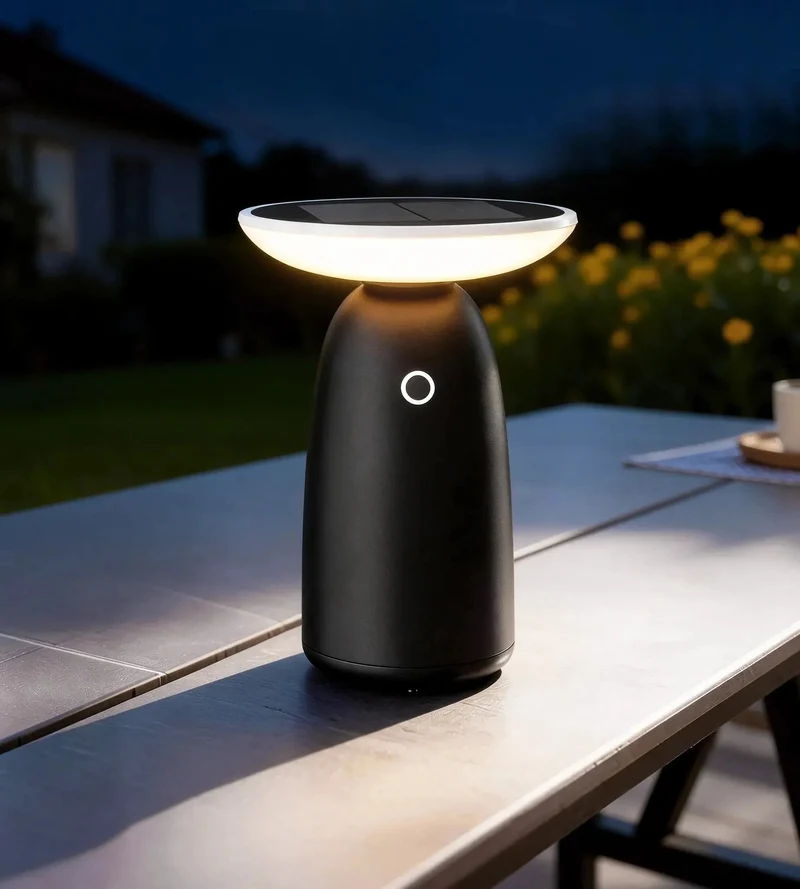 Lampe de table solaire LED HALO noire - 2 modes d'éclairage 100 à 1000 lumens - 4000K - Prise USB-C