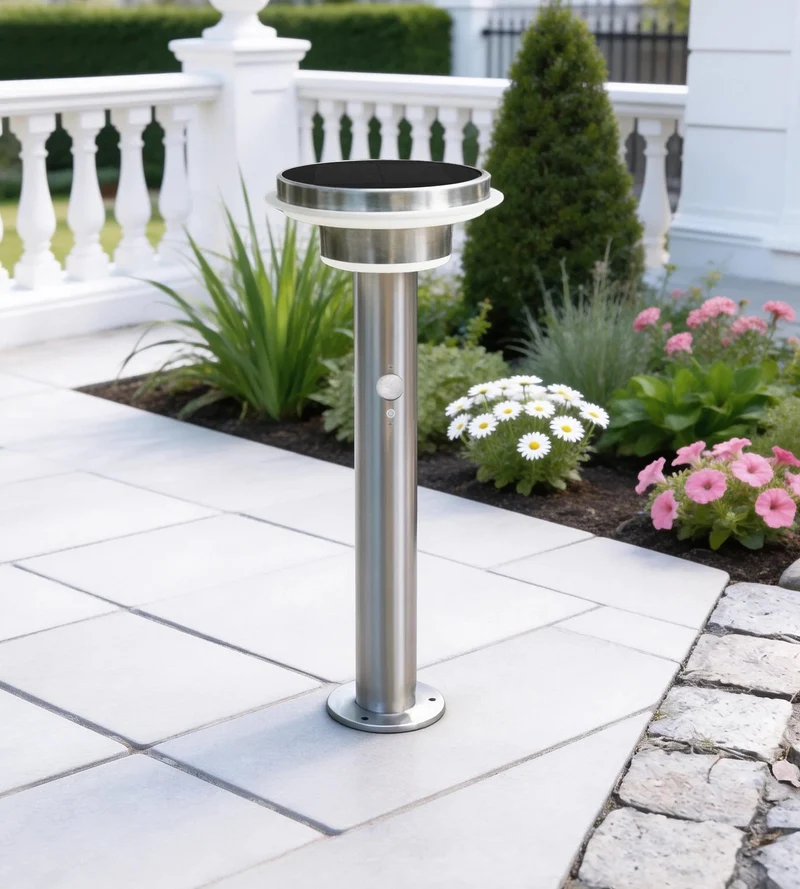 Borne solaire extérieure LED GENOVA inox 45 cm avec détecteur - 3 modes d'éclairage 100 à 1000 lumens