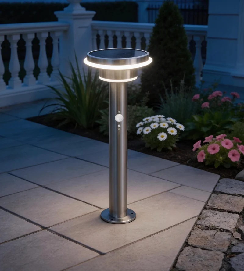 Borne solaire extérieure LED GENOVA inox 45 cm avec détecteur - 3 modes d'éclairage 100 à 1000 lumens