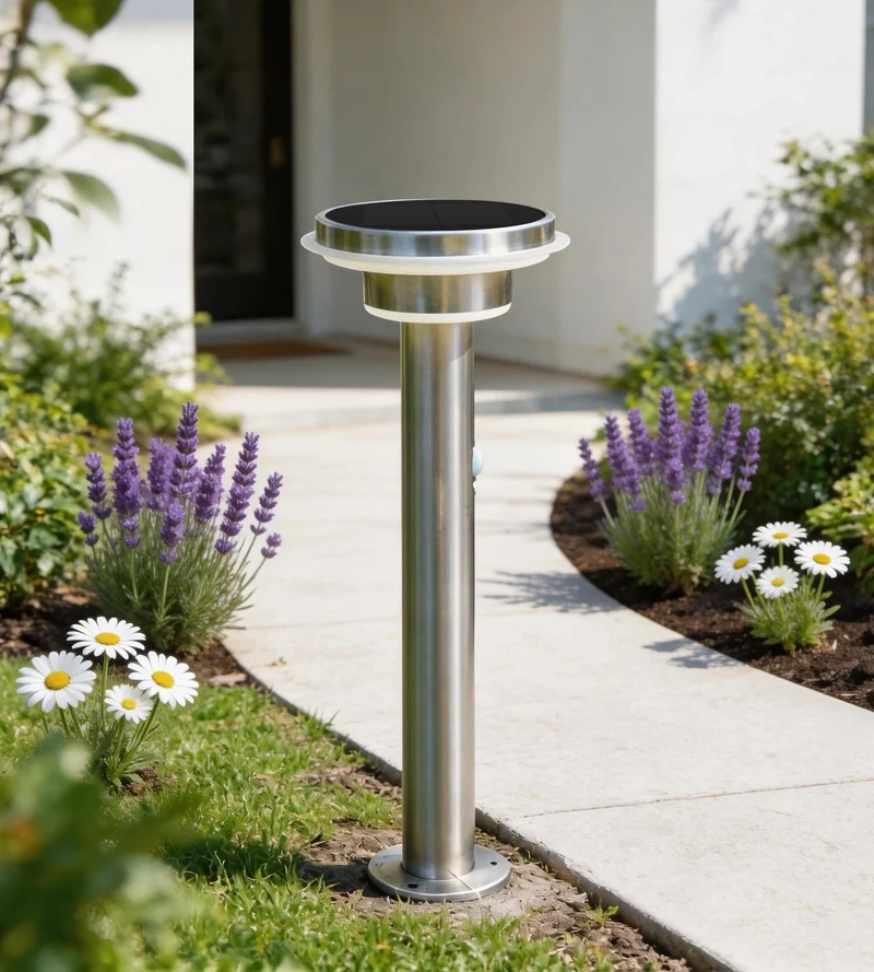 Borne solaire extérieure LED GENOVA inox 45 cm avec détecteur - 3 modes d'éclairage 100 à 1000 lumens