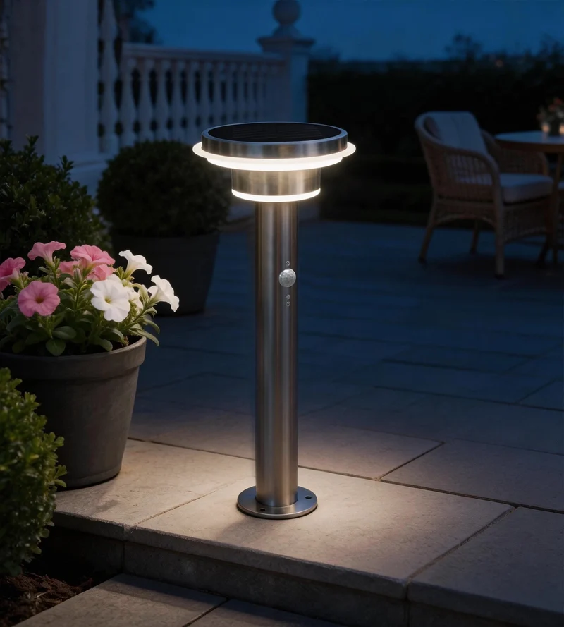 Borne solaire extérieure LED GENOVA inox 45 cm avec détecteur - 3 modes d'éclairage 100 à 1000 lumens