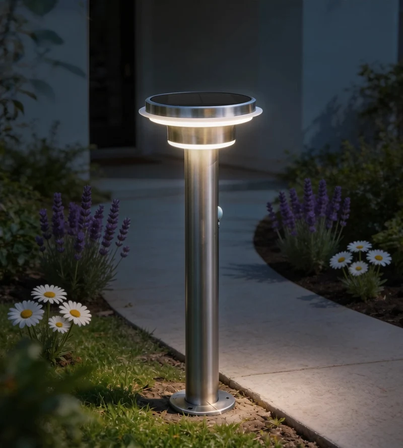 Borne solaire extérieure LED GENOVA inox 45 cm avec détecteur - 3 modes d'éclairage 100 à 1000 lumens