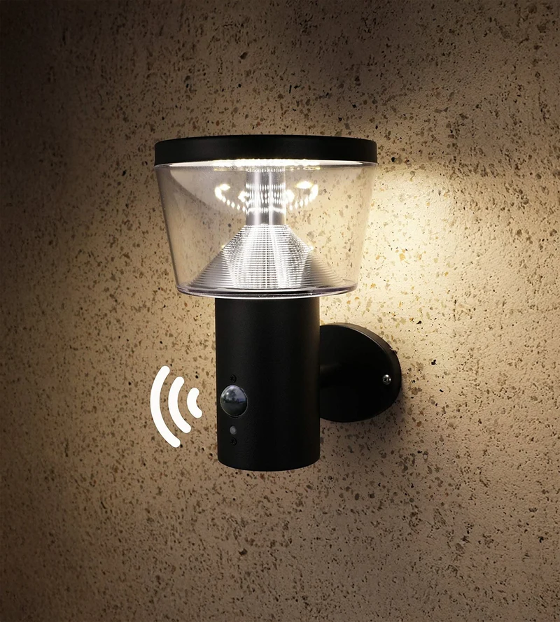 Applique murale solaire extérieure LED DUBLIN noire avec détecteur - 3 modes d'éclairage 100 à 1000 lumens