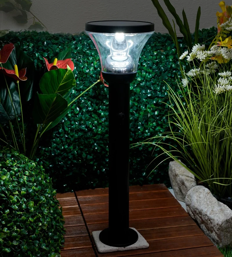 Borne solaire extérieure LED DIVA noire 53 cm avec détecteur - 3 modes d'éclairage de 100 à 1000 lumens