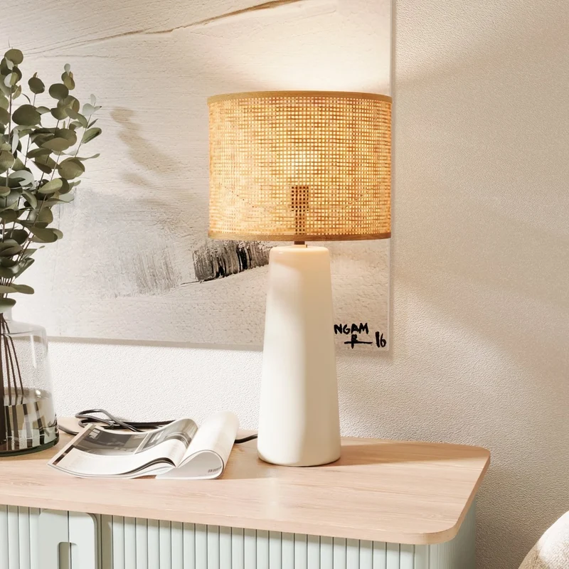 Lampe poser en c ramique et rotin
