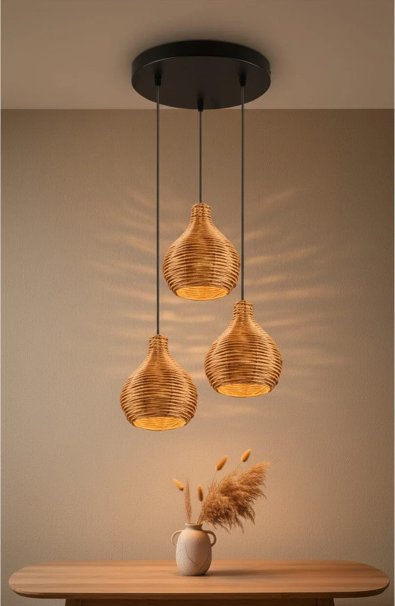 Lustre 3 Suspensions Rotin Naturel - Style Bohème