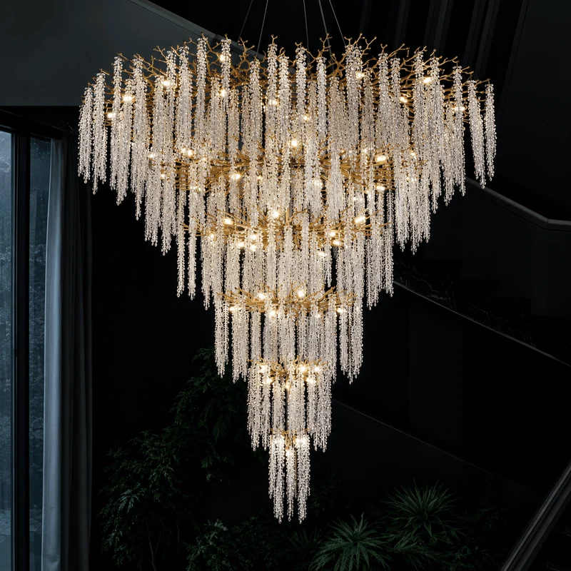 Grand Lustre en Branches de Cristaux Suspendus