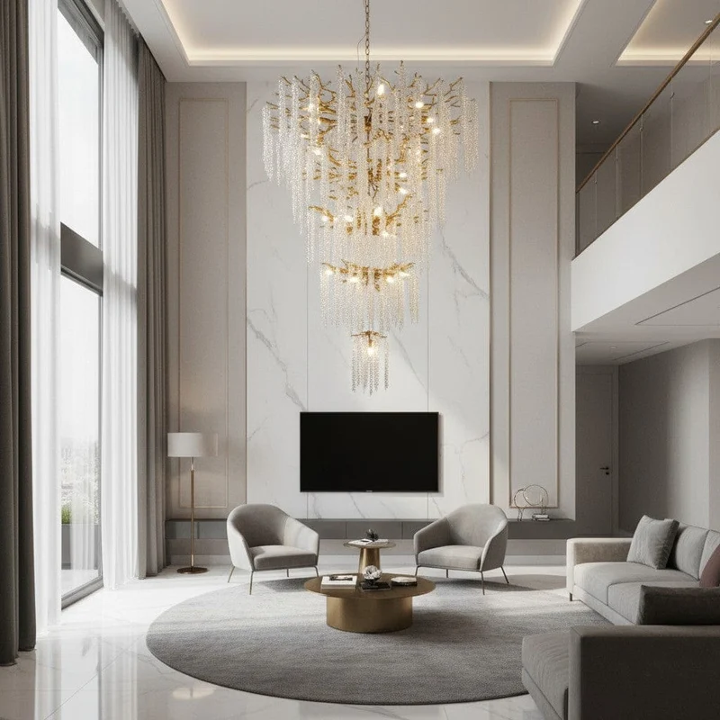Grand Lustre en Escalier Avec Suspensions en Cristal