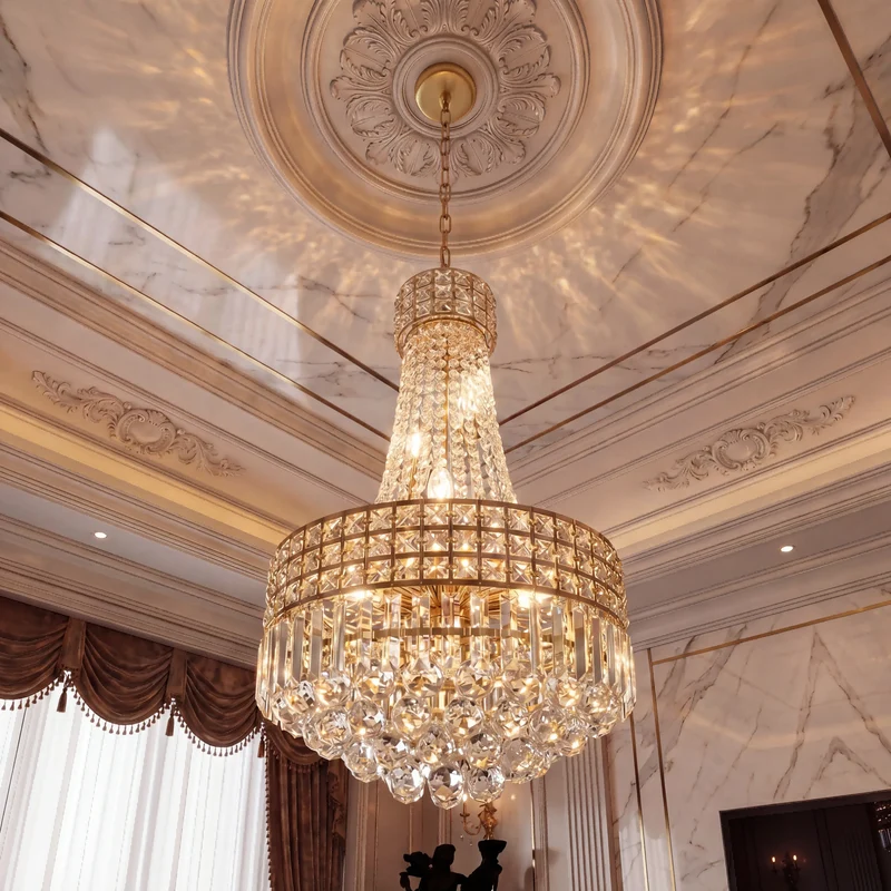Luxury Gold Empire K9 Crystal Chandelier, 6-Light Adjustable Height Hanging Light Fixture for dining room/living room/foyer/bar