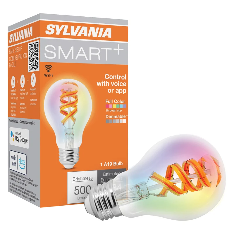 SYLVANIA Wifi LED Smart A19 RGBW Color and Amber Finish Filament Light Bulb, 7W, for Alexa / Google Assistant, 2000K, No Hub Required, Clear - 1 PK