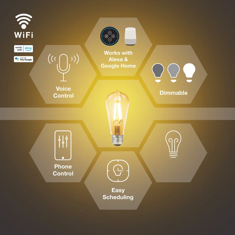 SYLVANIA Wifi LED Smart ST19 Amber Finish Light Bulb, 3.5W, for Alexa / Google Assistant, 2000K, No Hub Required - 1 PK