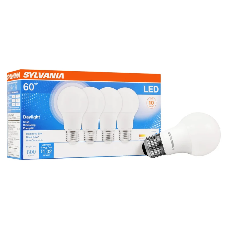 SYLVANIA LED Light Bulb, A19, 8.5W, 10 Year, Non-Dimmable, 5000K, Daylight - 4 Pk
