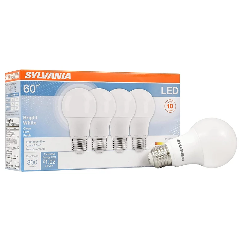 SYLVANIA LED Light Bulb, A19, 8.5W, 10 Year, Non-Dimmable, 3500K, Bright White - 4 Pk