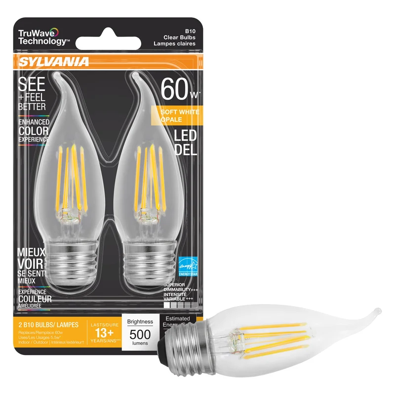 SYLVANIA LED TruWave Light Bulb, 60W, Dimmable, Clear, 2700K, Soft White - 2 PK