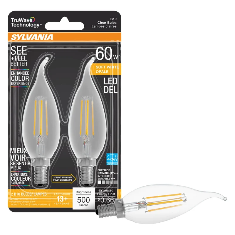SYLVANIA LED TruWave Décor B10 Light Bulb, 60W, Candelabra Base, Dimmable, 2700K, Soft White - 2 PK