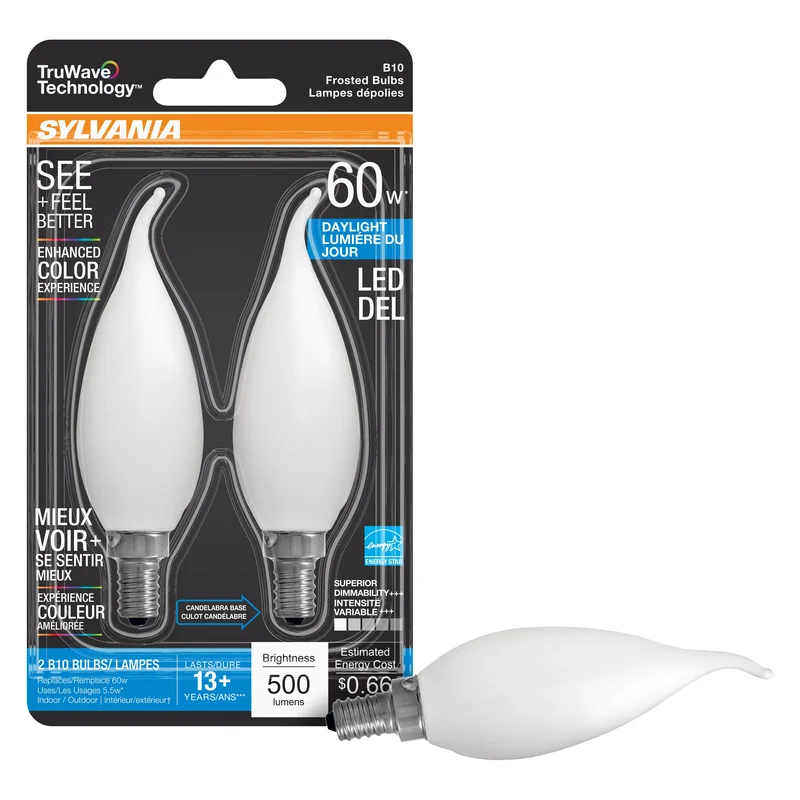 SYLVANIA LED TruWave Natural Series Décor B10 Light Bulb, 60W, Dimmable, Frosted, 5000K, Daylight - 2 Pk