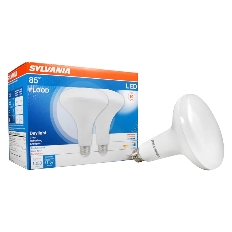 SYLVANIA LED BR40 Flood Light Bulb, 85W = 13W, 10 Year, Dimmable, Frosted Finish, 1050 Lumens, 5000K, Daylight - 2 Pk