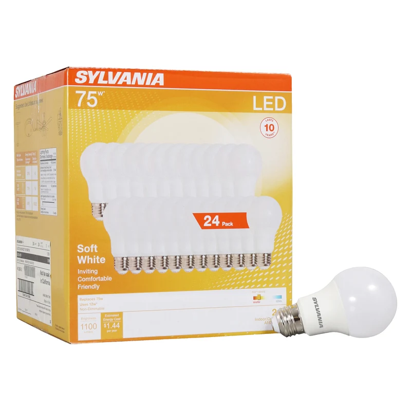 SYLVANIA LED A19 Light Bulb, 75W = 12W, Non-Dimmable, Frosted Finish, 1100 Lumens, 2700K, Soft White - 24 Pk