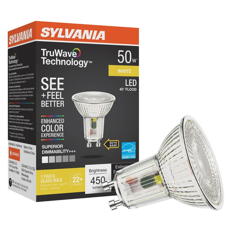 SYLVANIA LED TruWave PAR16 Light Bulb, 50W = 6W, GU10 Bi-Pin Base, Dimmable, 3000K, White - 1 PK
