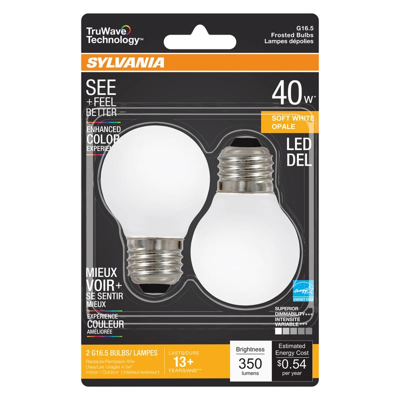 SYLVANIA LED TruWave G16.5 Globe Light Bulb, 40W = 4.5W, Dimmable, Medium Base, Frosted, 2700K, Soft White - 2 PK
