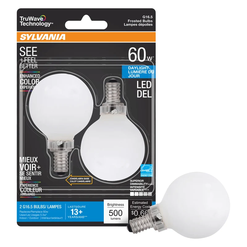 SYLVANIA LED TruWave Décor G16.5 Light Bulb, 60W, Dimmable, Candelabra Base, Frosted, 5000K, Daylight - 2 PK
