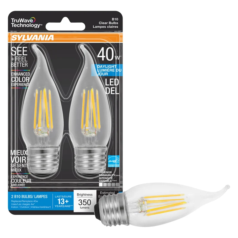 SYLVANIA LED TruWave Candelabra Light Bulb, 60W = 5.5W, Dimmable, Medium Base, Clear, Candle Tip, Daylight - 2 PK