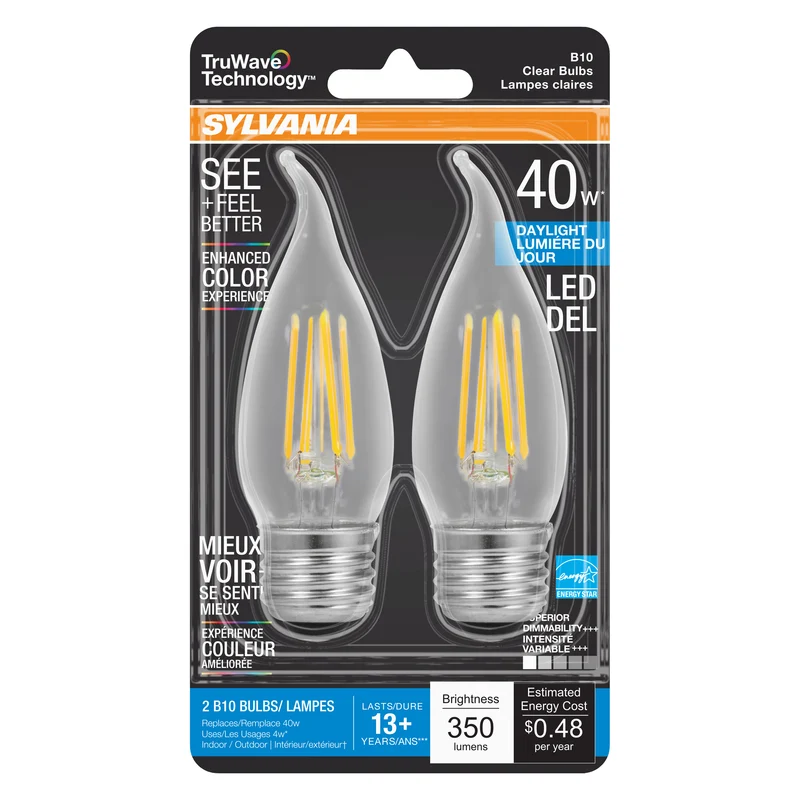 SYLVANIA LED TruWave Candelabra Light Bulb, 60W = 5.5W, Dimmable, Medium Base, Clear, Candle Tip, Daylight - 2 PK
