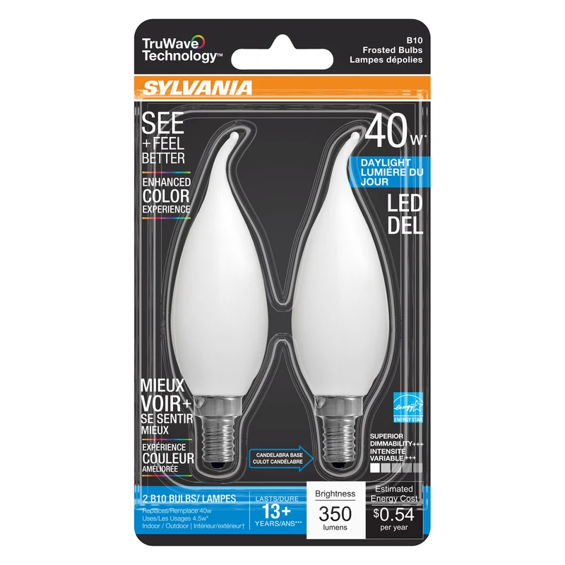 SYLVANIA LED TruWave Candelabra Base Light Bulb, 40W = 4.5, Dimmable, Frosted, Candle Tip, Daylight - 2 PK
