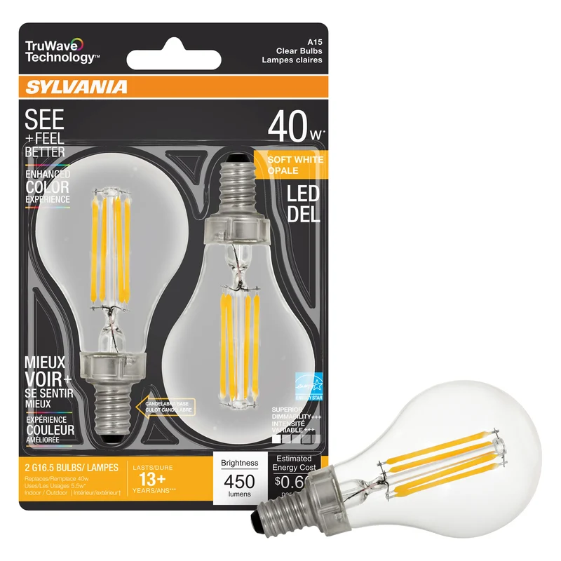 SYLVANIA LED TruWave Ceiling Fixture Light Bulb, 40W, A15, Candelabra Base, Dimmable, Daylight - 2 PK