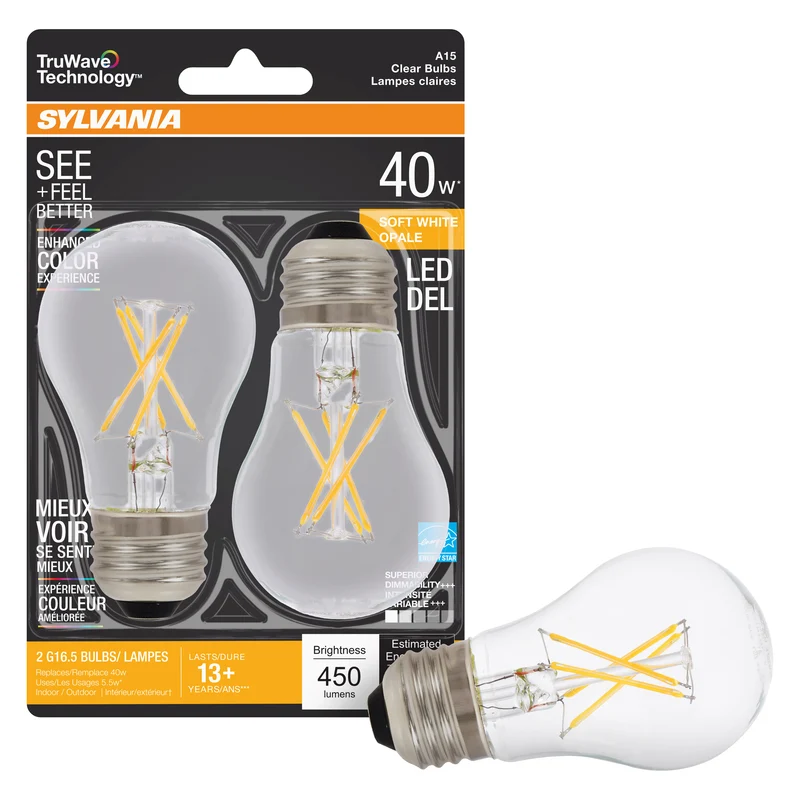 SYLVANIA LED TruWave Ceiling Fixture Light Bulb, 40W, A15, Medium Base, Dimmable, Soft White - 2 PK