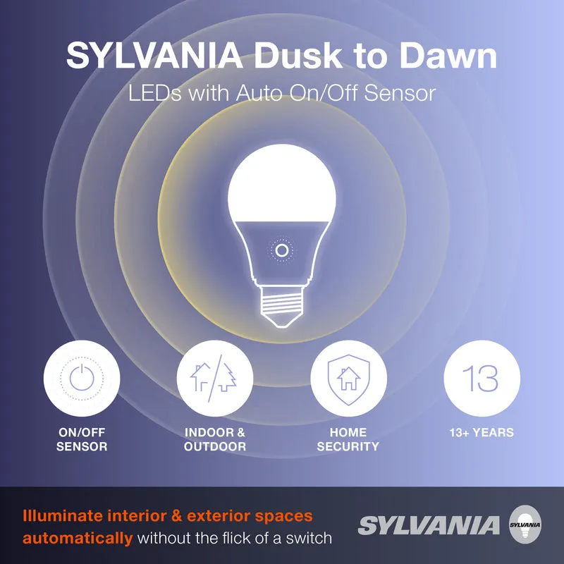 SYLVANIA Dusk to Dawn A19 LED Light Bulb with Auto On/Off Light Sensor, 60W=9W, 800 Lumens, 2700K, Soft White - 1 PK