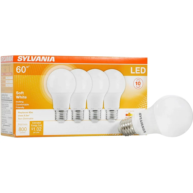 SYLVANIA LED A19 Light Bulb, 60W Equivalent Efficient 8.5W Medium Base, 2700K Soft White - 4 Pk
