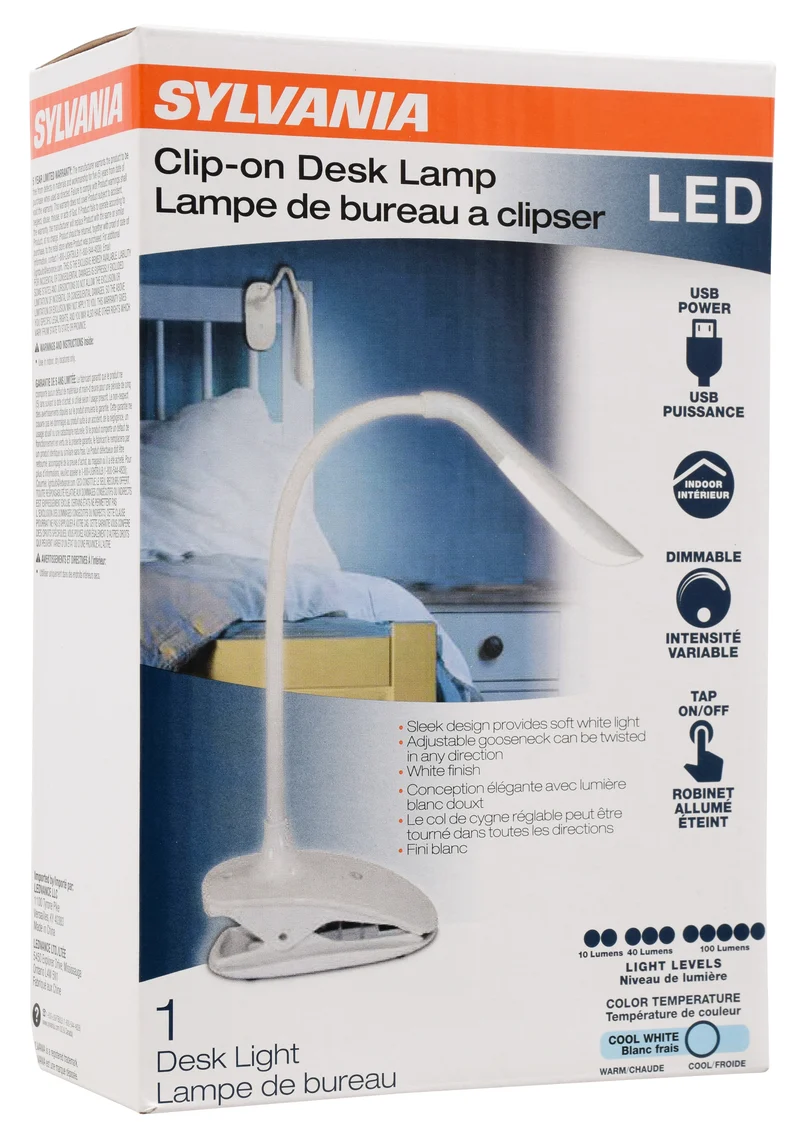 SYLVANIA LED USB Powered Clip-on Desk Lamp, Adjustable, Dimmable with Tap ON/OFF, Cool White