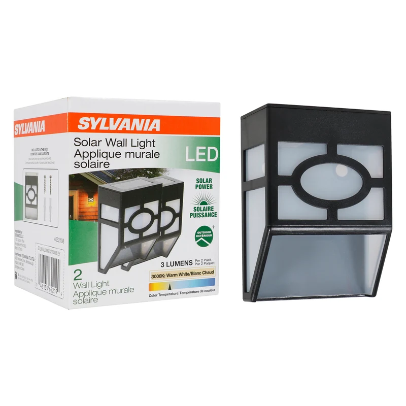 SYLVANIA Solar Wall Light Luminaire with Daylight Sensor, LED and Battery Included, 3000K, Warm White, Black Finish - 2 Pk