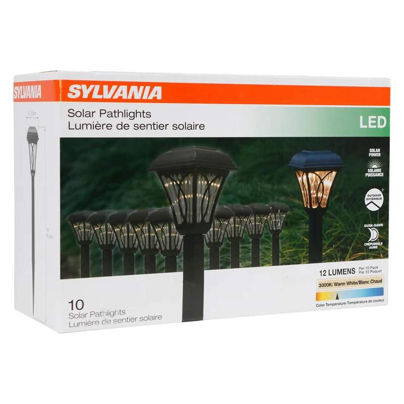 SYLVANIA 14" Solar Décor Path Light with Daylight Sensor, LED, 1 Lumen, 3000K, Warm White, Black Finish - 10 PK
