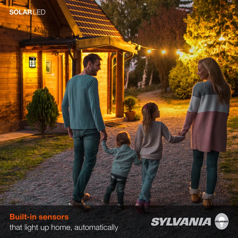 SYLVANIA Solar Wall Mount Square Lantern Light with PIR Sensor, LED and Battery Included, 100 lm, 2700K, Soft White, Silver Finish
