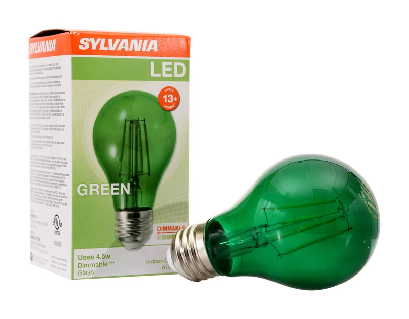 SYLVANIA LED Green Glass Filament A19 Light Bulb, 40W = 4.5W, Dimmable, E26 Medium Base - 1 PK