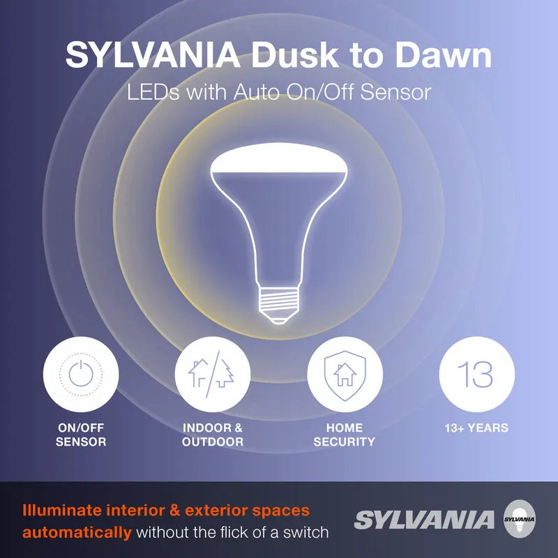 SYLVANIA Dusk to Dawn PAR38 LED Light Bulb with Auto On/Off Light Sensor, 90W = 14W, 1250 Lumens, 3000K, Bright White - 4 PK
