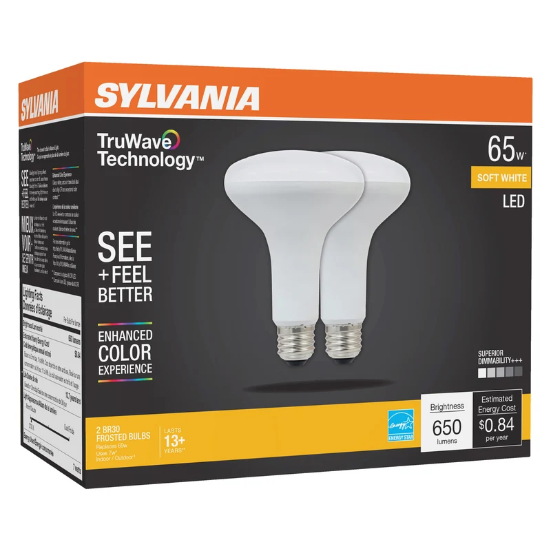 SYLVANIA LED TruWave BR30 Light Bulb, 65W = 7W, Dimmable, Frosted, 2700K, Soft White - 2 PK