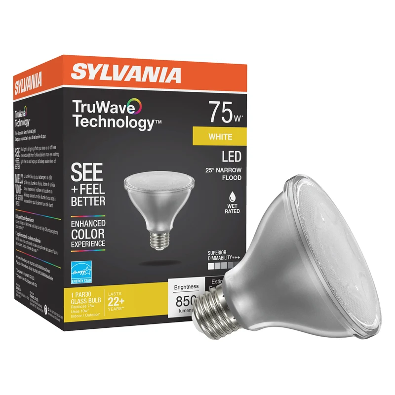 SYLVANIA LED TruWave PAR30 Light Bulb, 75W = 9W, Medium Base, Dimmable, 3000K, White - 1 PK