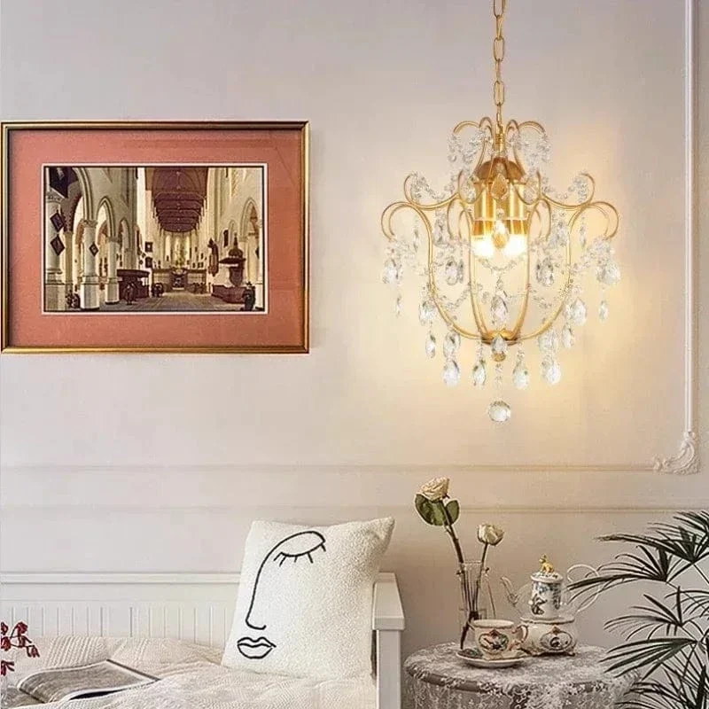 Retro Crystal Chandelier LED Restaurant Hanging Lamp Room Decor Luxury Bedroom Parlor Light Fixture Golden Crystal Pendant Light