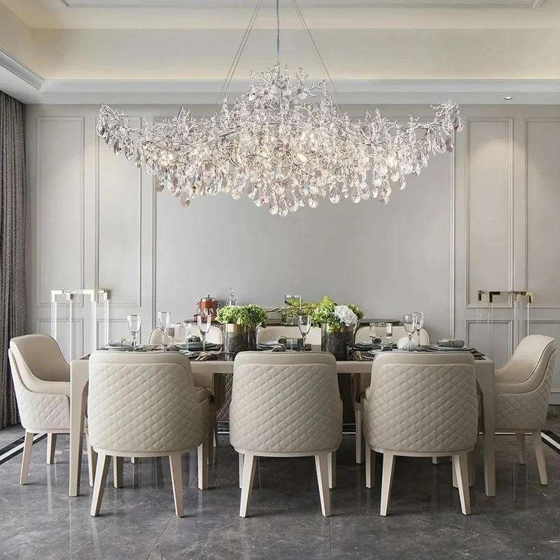 Luxury Modern Crystal Pendant Chandelier Hanging Living Room Lamp Dining Table Silver Branch Rectangular Chandeliers for Kitchen